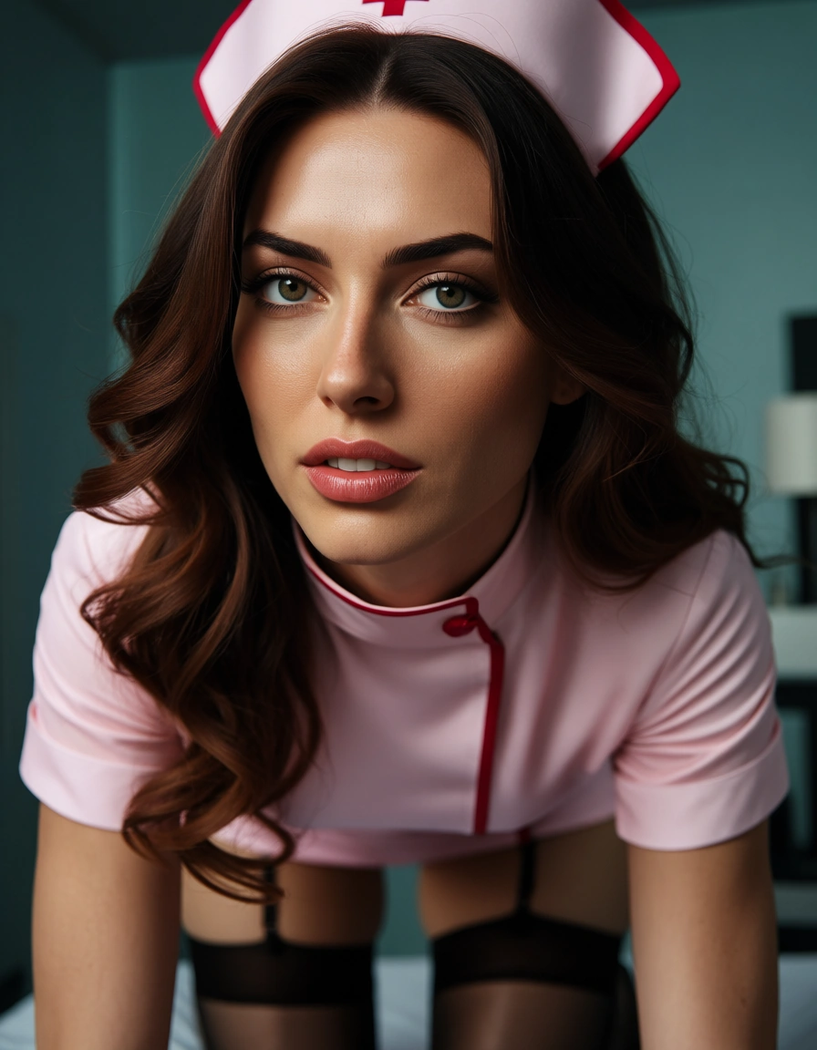 RAW photo, ultra realistic, 3women nfsw, all in black_thighhighs , gloves pink nurse., score_9, score_8, candid photo, realistic skin texture, visible skin pores, film grain, depth of field