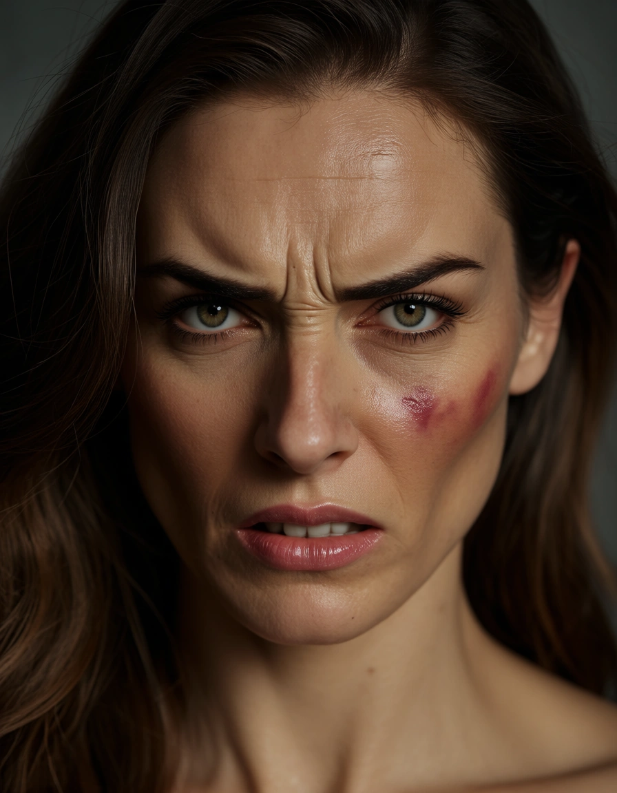 facial on her angry face, score_9, score_8, candid photo, realistic skin texture, visible skin pores, film grain, depth of field