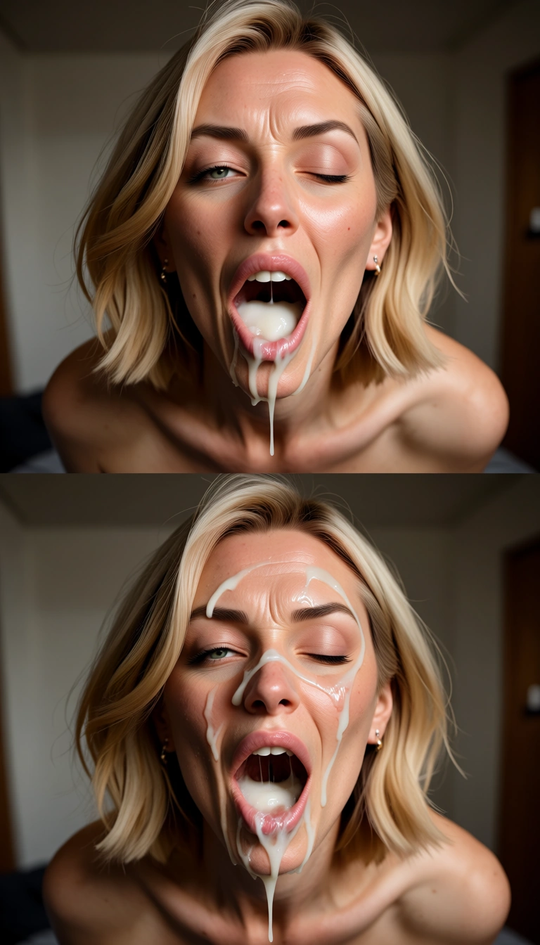 beautiful caucasian mature_female , blonde hair, skinny boby, big round augmented tits, she swallows a mouthful of cum and then she shows her empty open mouth winking, cum on face and cum_on_breasts