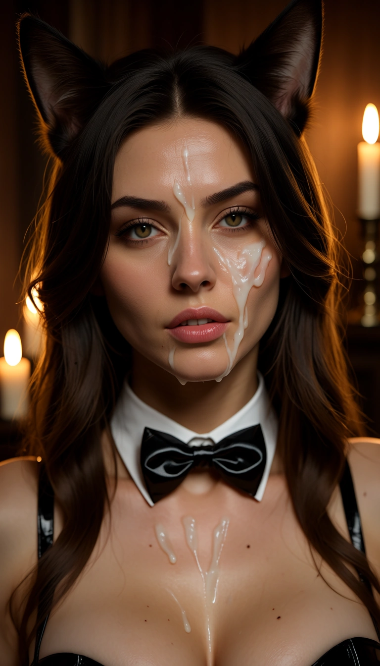 dslr, film grain, photorealistic, catgirl, bowtie, cum on face, candlelight, natural skin texture
