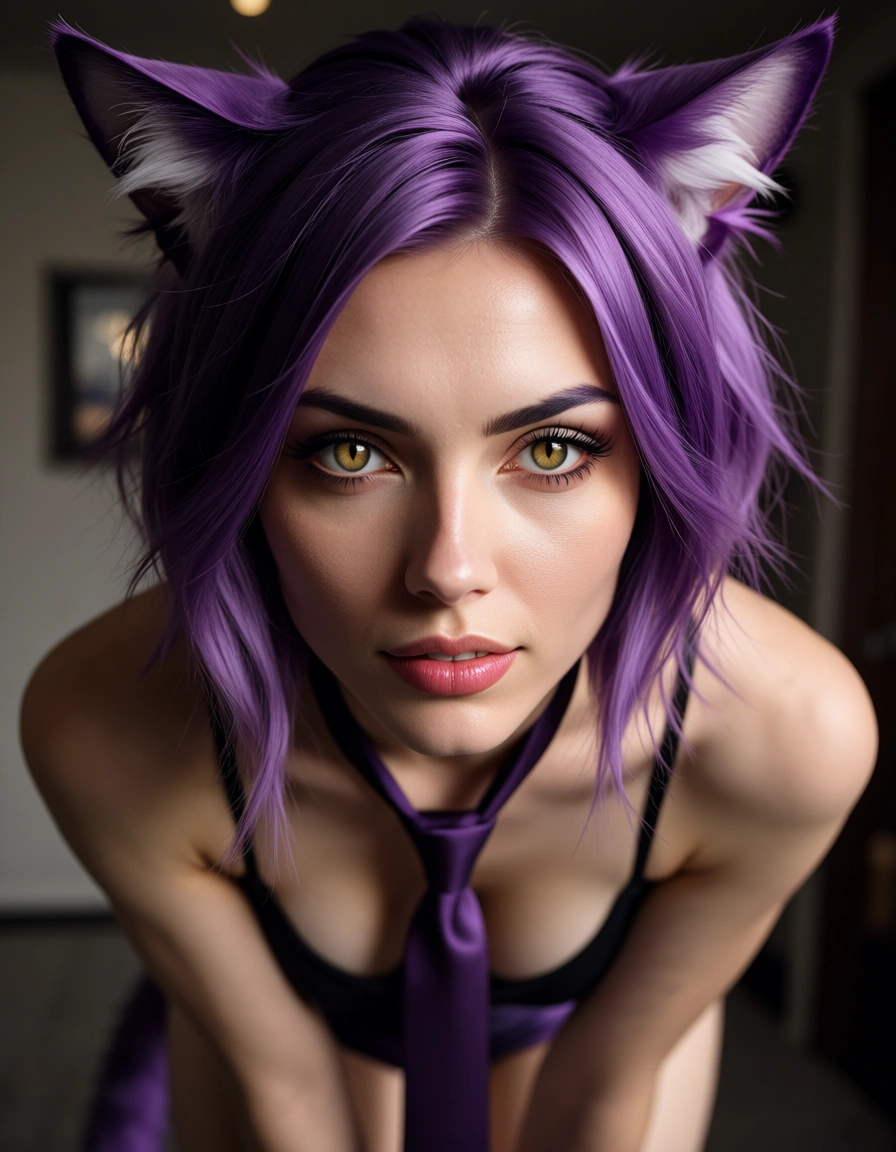 dslr, film grain, photorealistic, catgirl, purple hair, necktie, bent over, cinematic realism, score_9, score_8, candid photo, realistic skin texture, visible skin pores, film grain, depth of field