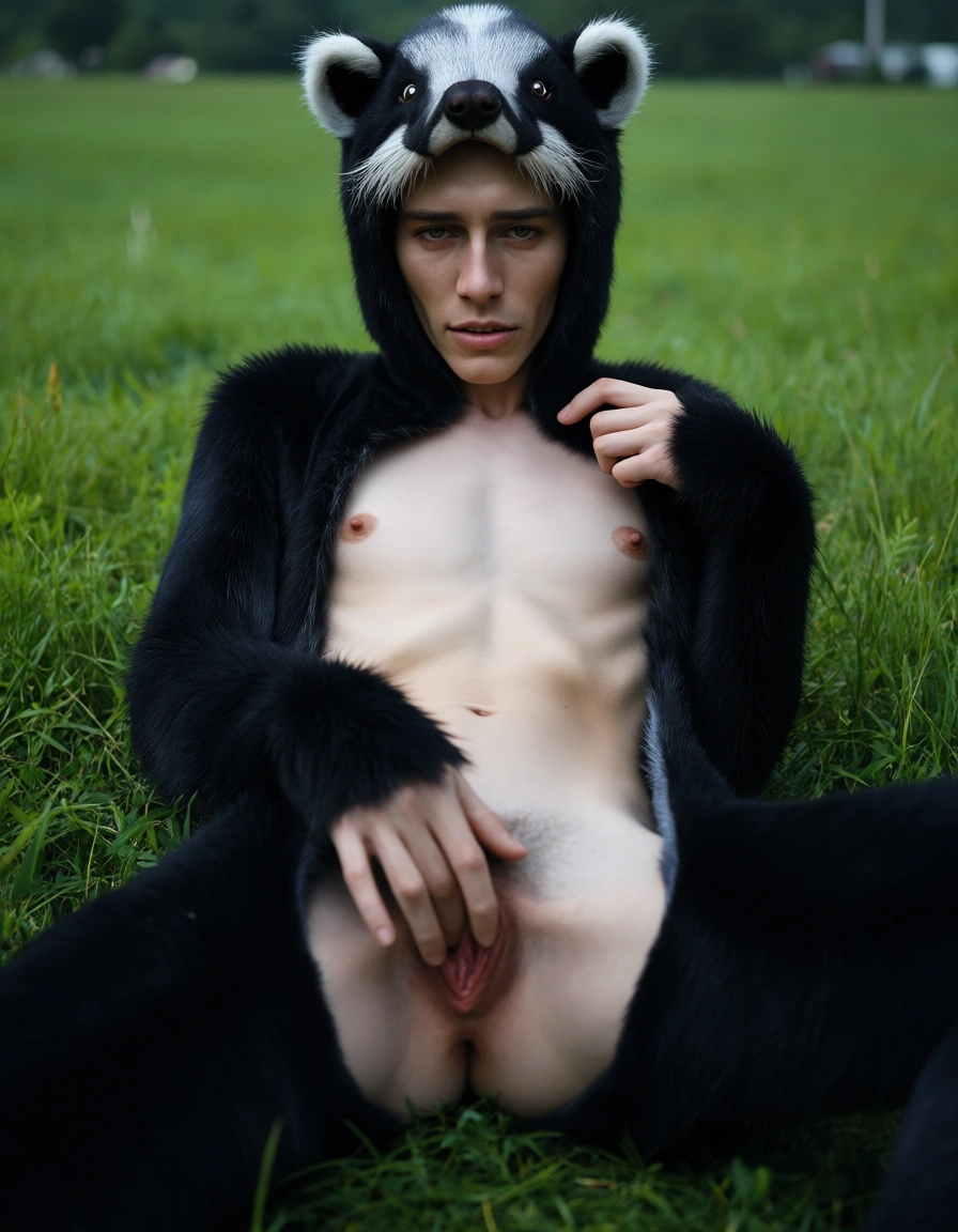 skinny man in full skunk fursuit masturbating outside on a grass field, score_9, score_8, candid photo, realistic skin texture, visible skin pores, film grain, depth of field