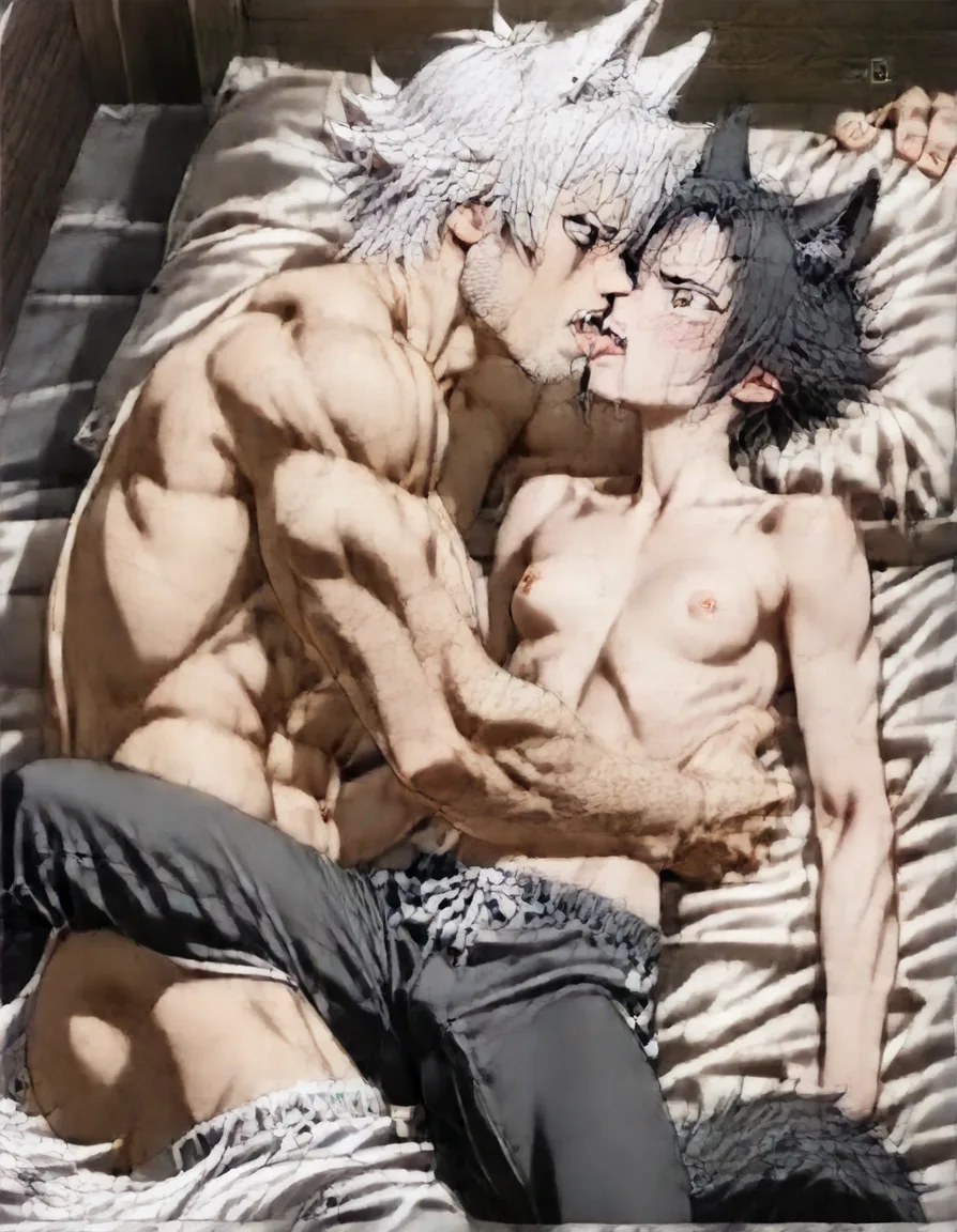 hentai_studio_quality, (anime style:1.3), 2d, anime screencap, cel shading, flat color. size_difference, yaoi, shorter boy, short black_hair, black eyes, dressed casual, blushing, laying on his back on a bed, french kissing a tall, handsome man, white hair, yellow_eyes, wolf_ears, wolf_tail, fangs, stubble, topless_male, muscular, sweatpants, glaring down at him BREAK bedroom night, hentai_studio_quality, hentai_studio_quality