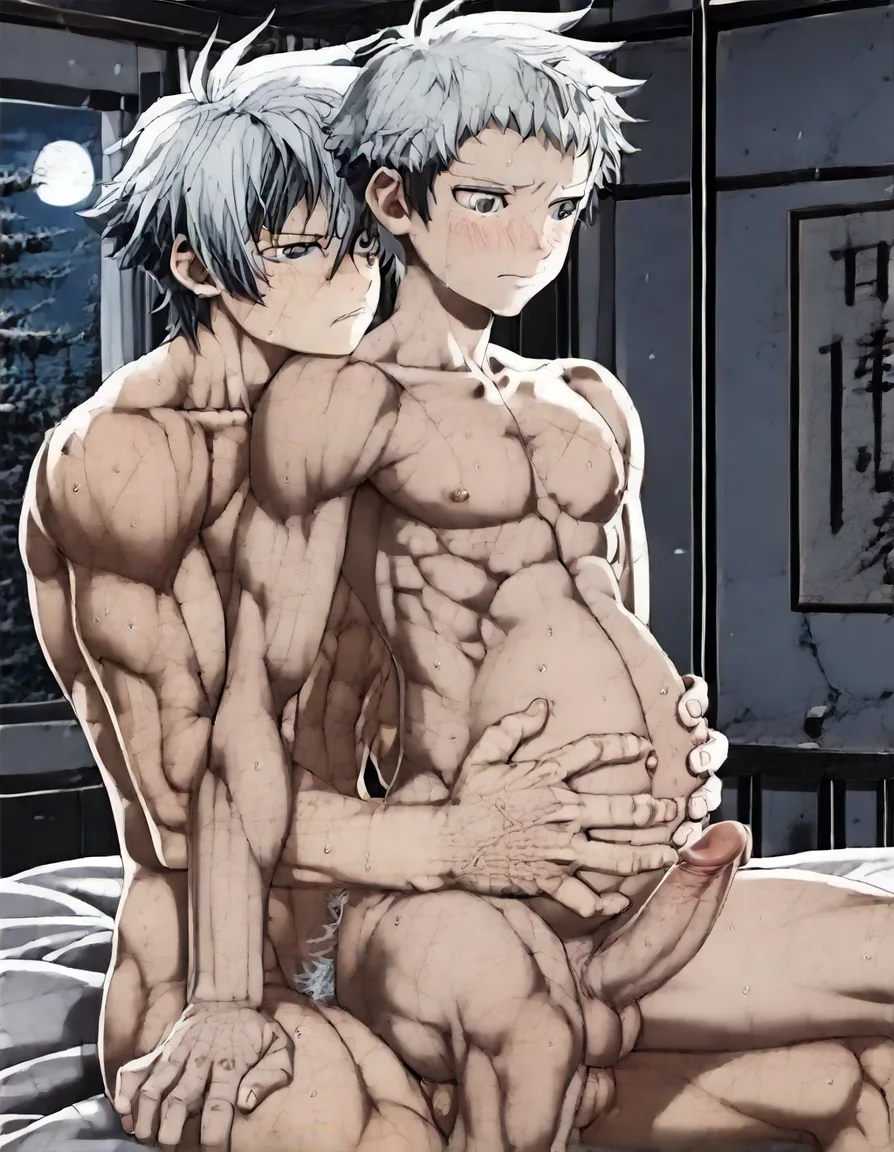 hentai_studio_quality, (anime style:1.3), 2d, anime screencap, cel shading, flat color. yaoi. Shorter man, thinner, short_hair, black_hair, black eyes, pregnant belly, small erection, naked, blushing, penetrated and sitting in the lap of a tall, handsome, muscular man with short_hair, white_hair, gray eyes, BREAK bedroom, night, hentai_studio_quality, hentai_studio_quality