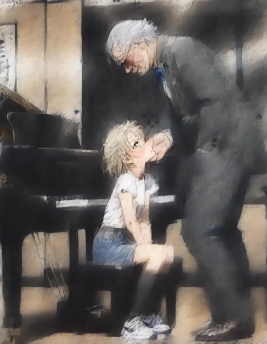 hentai_studio_quality, (anime style:1.3), 2d, anime screencap, cel shading, flat color. yaoi, age_difference, older man, hair_slicked_back, grey_hair, red_eyes, blush, standing, leaning down, younger man, blonde_hair, green_eyes, blush, dressed casual, sitting at grand piano, looking up, imminent_kiss BREAK music room, hentai_studio_quality, hentai_studio_quality