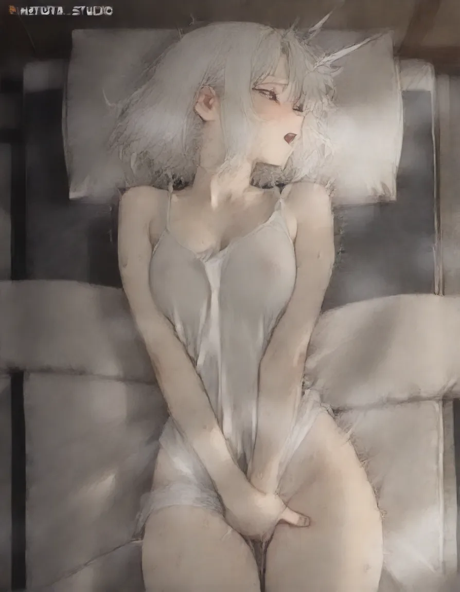 masterpiece, best quality, cel shading, flat color, from_side, solo, male_focus, handsome man, white_hair, bangs, heavy_breathing, masturbation, lying BREAK futon bed, night, hentai_studio_quality