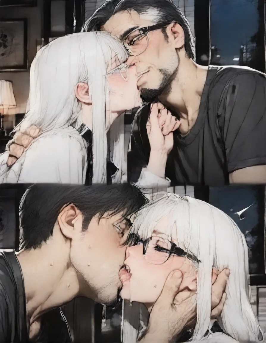 masterpiece, best quality, cel shading, flat color, yaoi, age_difference, size_difference, shorter male with black hair, black eyes, penetrating a taller, older man with white hair, bangs, grey eyes, glasses BREAK bedroom, night, hentai_studio_quality
