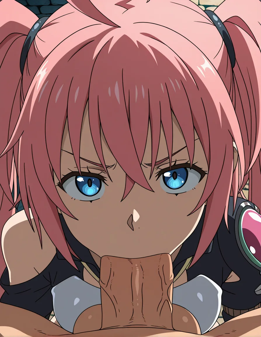 milim nava, pov blowjob, deep throat, huge penis, huge balls,, (anime style:1.3), 2d, anime screencap, cel shading, flat color,, hentai_studio_quality