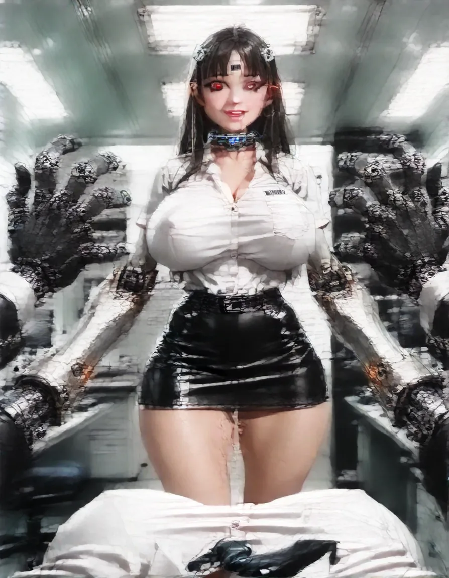 mechanical arms and legs robotic woman (white shirt, black leather miniskirt, long black fringe hair, makeup, red eyes, big_lips, electronic collar, barcode tattoo on her forehead, gigantic huge_breasts, thick_thighs, cum leaking, smile, blank_eyes, drooling, standing up), FIRST PERSON VIEW, face to face. BREAK : white viewer. BREAK : in a office room, realistic., hentai_studio_quality
