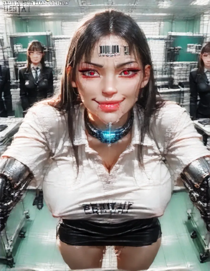 mechanical arms and legs robotic woman (white shirt, black leather miniskirt, long black fringe hair, makeup, red_eyes, big_lips, electronic collar, barcode tattoo on her forehead, gigantic huge_breasts, thick_thighs, cum leaking from vagina, smile, blank_eyes, drooling, standing up), FIRST PERSON VIEW, face to face. BREAK : white viewer. BREAK : in a office room, realistic., hentai_studio_quality