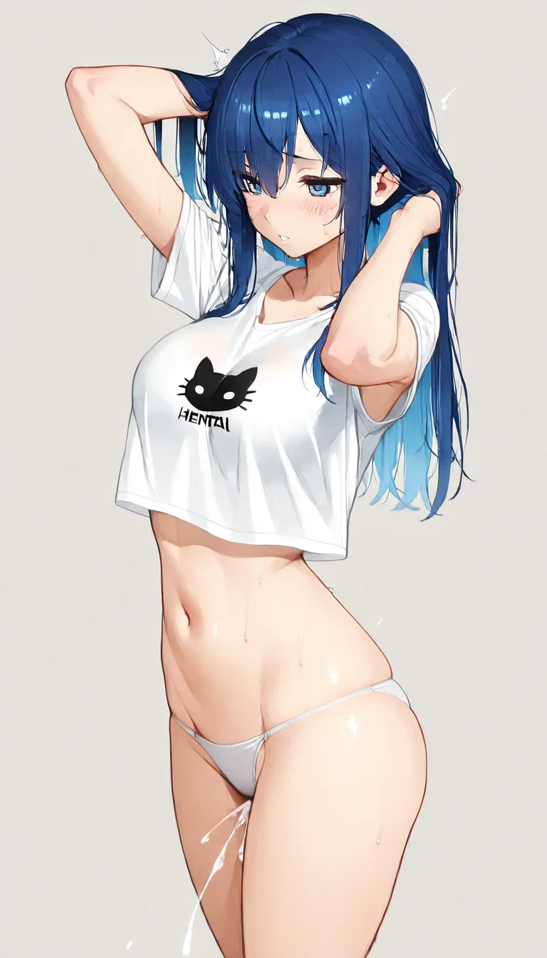 highres, vivid, 3girls, hair flip, orgasm, groin, blue hair, simple background, anime style