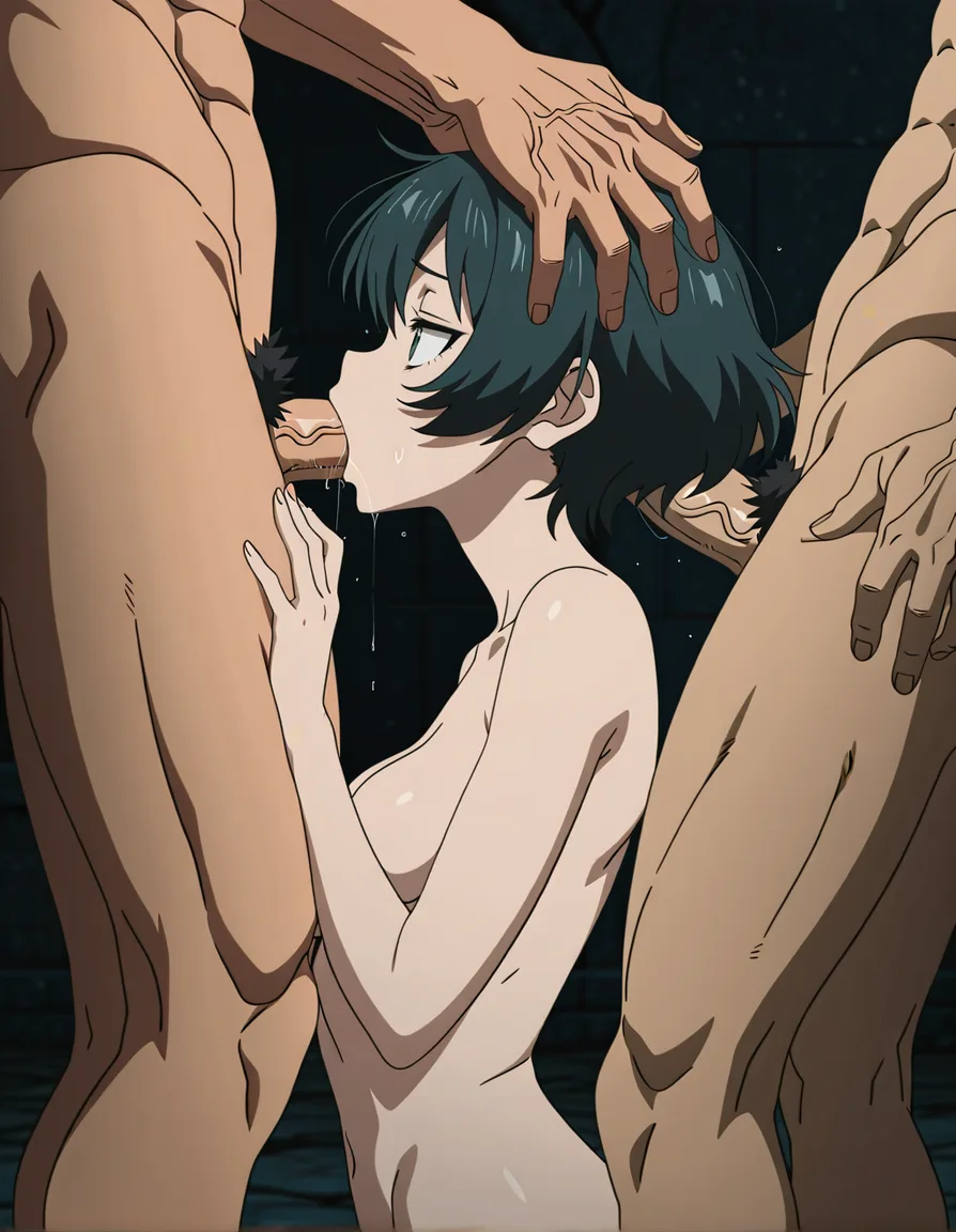 8k, sharp focus, detailed skin, athletic build, natural skin texture, threesome, fellatio, fully nude, (anime style:1.3), 2d, anime screencap, cel shading, flat color, @00osamio00