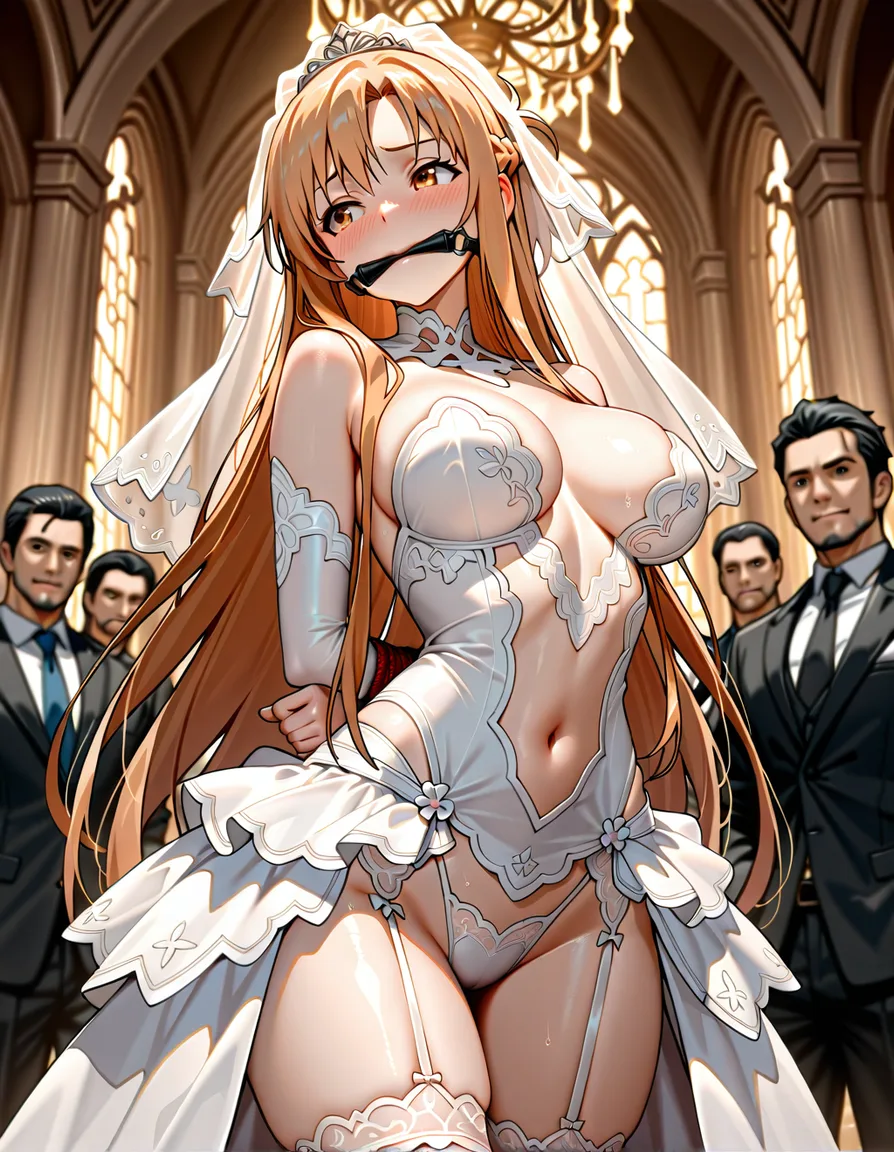 /masterpiece /highres /ultra_detailed @asuna_(sao) #public_indecency #bridal_garter #bridal_veil #wedding_dress #lace #revealing_clothes #embarrassed #bondage #gagged, hentai_studio_quality