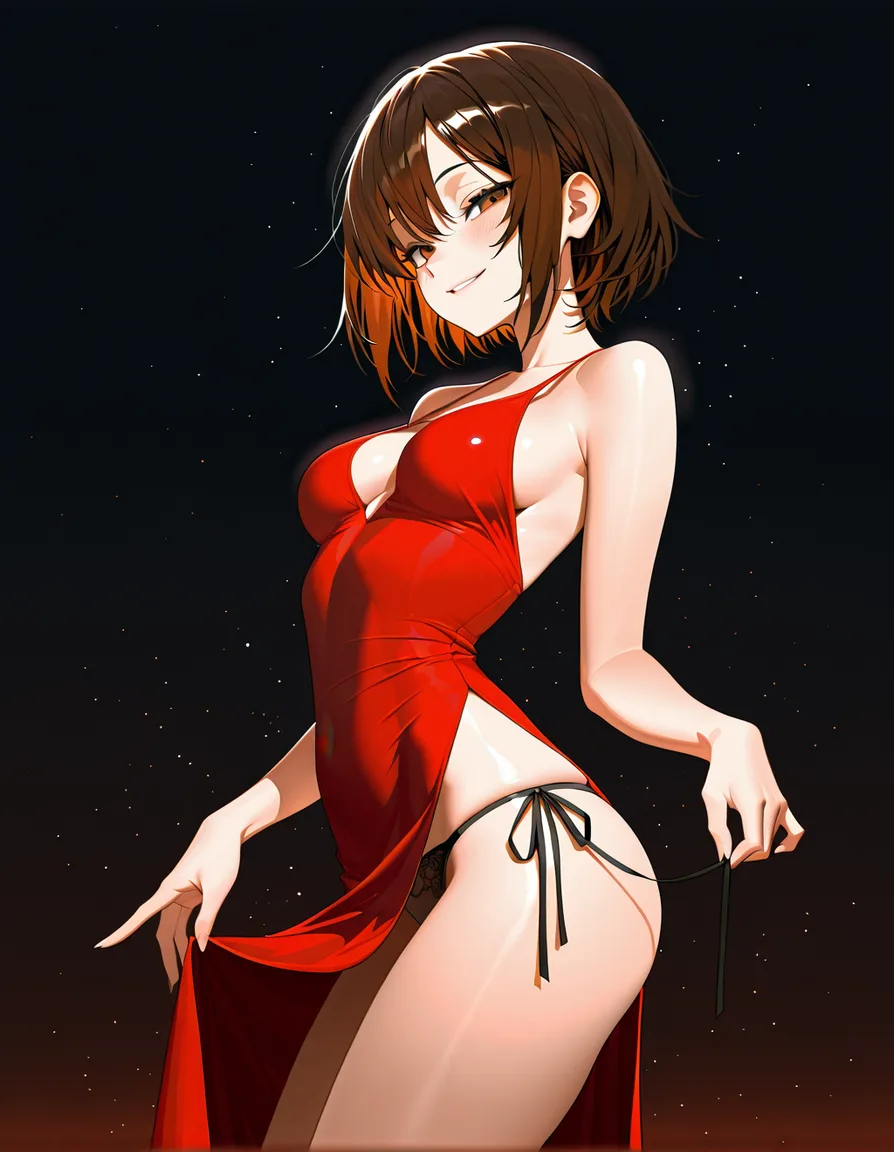 highres, vivid, moodly atmosphere, short_hair, brown_hair, petite, medium_breasts, untying side-tie_panties, red_dress, side_slit, seductive_smile,, hentai_studio_quality