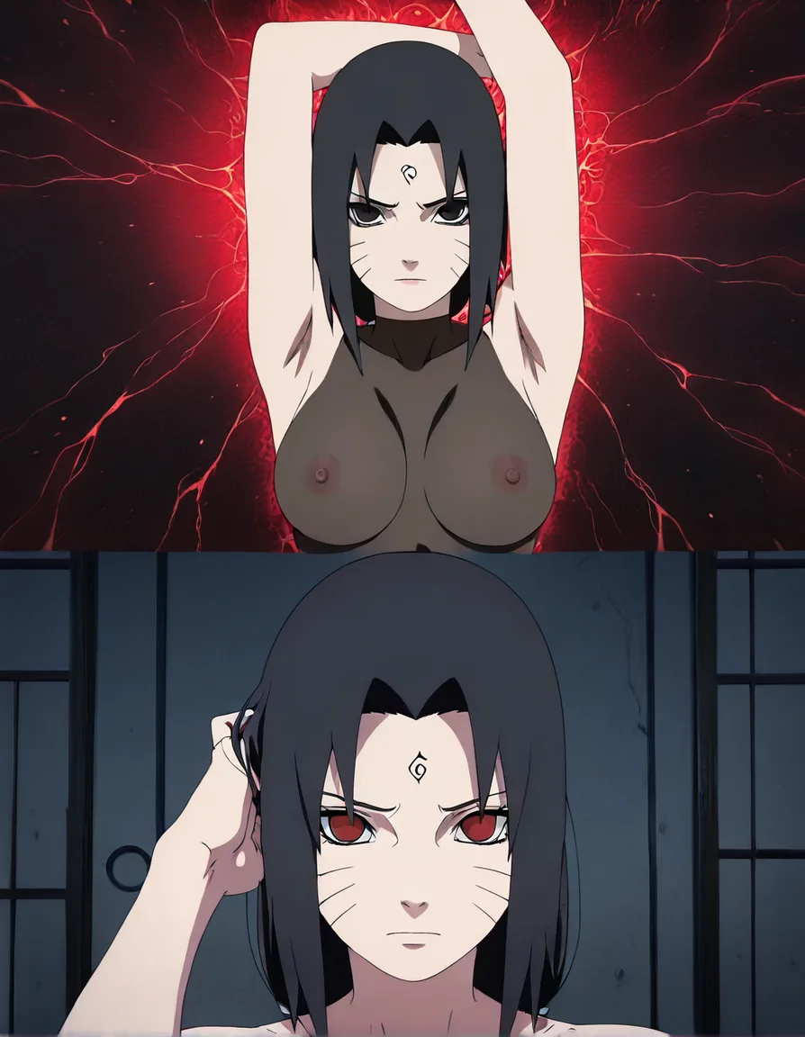 Itachi Uchiha ( From Naruto) and Naruto Uzumaki both nude, Both came, (anime style:1.3), 2d, anime screencap, cel shading, flat color