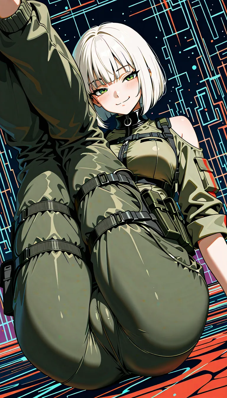 1  Masterpiece, natural perky medium breasts, look at viewer, fine detail, Anime Female With Short bob cut White hair, top cloth, medium Breasts, Green Eyes, Cheeky Face,  legs  together, half closed eyes,   no helmet, Pants, no gloves, village surroundings background, desert biome, eroge aesthetics, legs up on air, cameltoe, legs together,  · Base: Form-fitting khaki tactical jumpsuit with a front zipper. · Sleeves: Two-toned with dark green/black fitted forearms. The sleeves are rolled up. · Chest: Olive-drab chest rig with shoulder straps and a row of six utility pouches. · Waist & Thighs: Dark green tactical belt with black buckles, connected by horizontal straps wrapping around the upper thighs. · Extras: High dark collar with red accents, and a rigid dark thigh plates on the Thighs. ... single continuous shot, full widescreen view, one single image, uninterrupted scene, no borders, no panels, wide angle cinematic photograph, single perspective, edge-to-edge frame ... modern digital drawing style, clean monoline ink linework, flat cel shading with minimal soft gradients, vibrant color palette with high-contrast accent tones, minimalist geometric background elements, crisp vector-like finish, contemporary graphic illustration.,, hentai_studio_quality, hentai_studio_quality