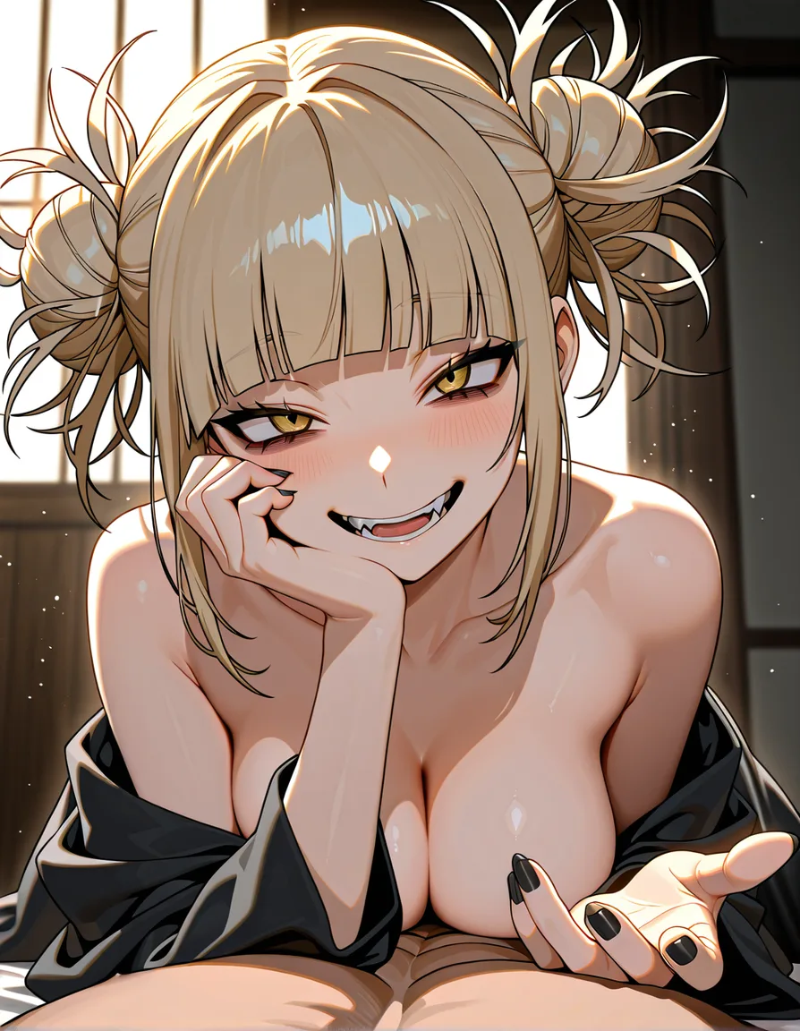 @toga_himiko, beckoning seductively with an akatsuki robe fallen around her wait, leaving her topless. Black nails, soft light, looking_at_viewer, hentai_studio_quality