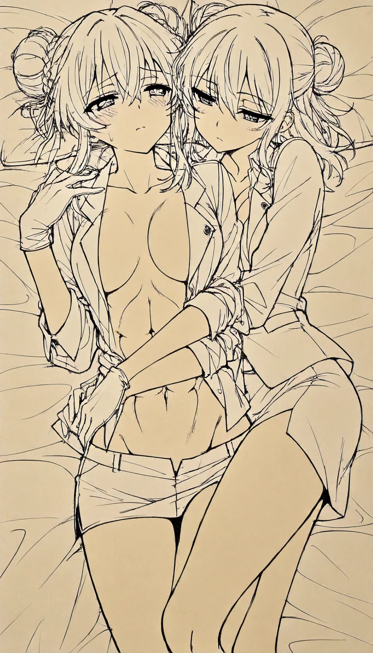 absurdres, highres, office lady, abs, double bun, gloves, spooning, over the shoulder, warm tones, anime screencap