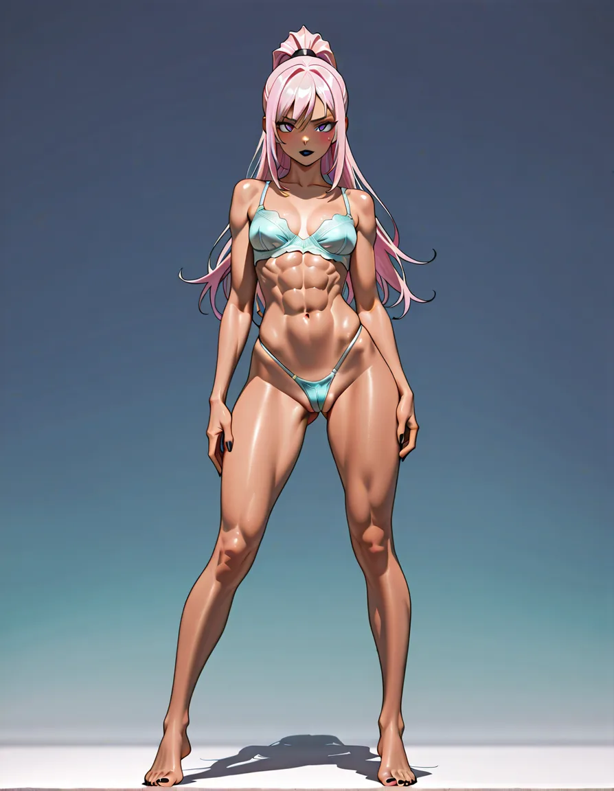 masterpiece, fine detail, anime style, light teal blue lingerie, Micro_thong, bra, rose-pink hair, long_hair, high_ponytail, royal purple_eyes, athletic, abs cleft_of_venus, partially_visible_vulva, standing, solo, 1girl, straight_hair, tan, straight-on, full_body, barefoot, black lipstick, black fingernails, black toenails, very_small_breasts, looking_at_viewer, looking_ahead, legs_apart, hentai_studio_quality