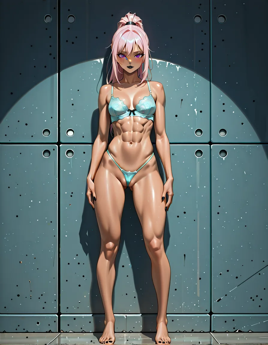 masterpiece, fine detail, anime style, light teal blue lingerie, Micro_thong, bra, (rose-pink hair, long_hair, high_ponytail,) royal purple_eyes, athletic, abs, partially_visible_vulva, standing, solo, 1girl, straight_hair, tan, straight-on, full_body, barefoot, black lipstick, black fingernails, black toenails, very_small_breasts, looking_at_viewer, looking_ahead, legs_apart,, hentai_studio_quality