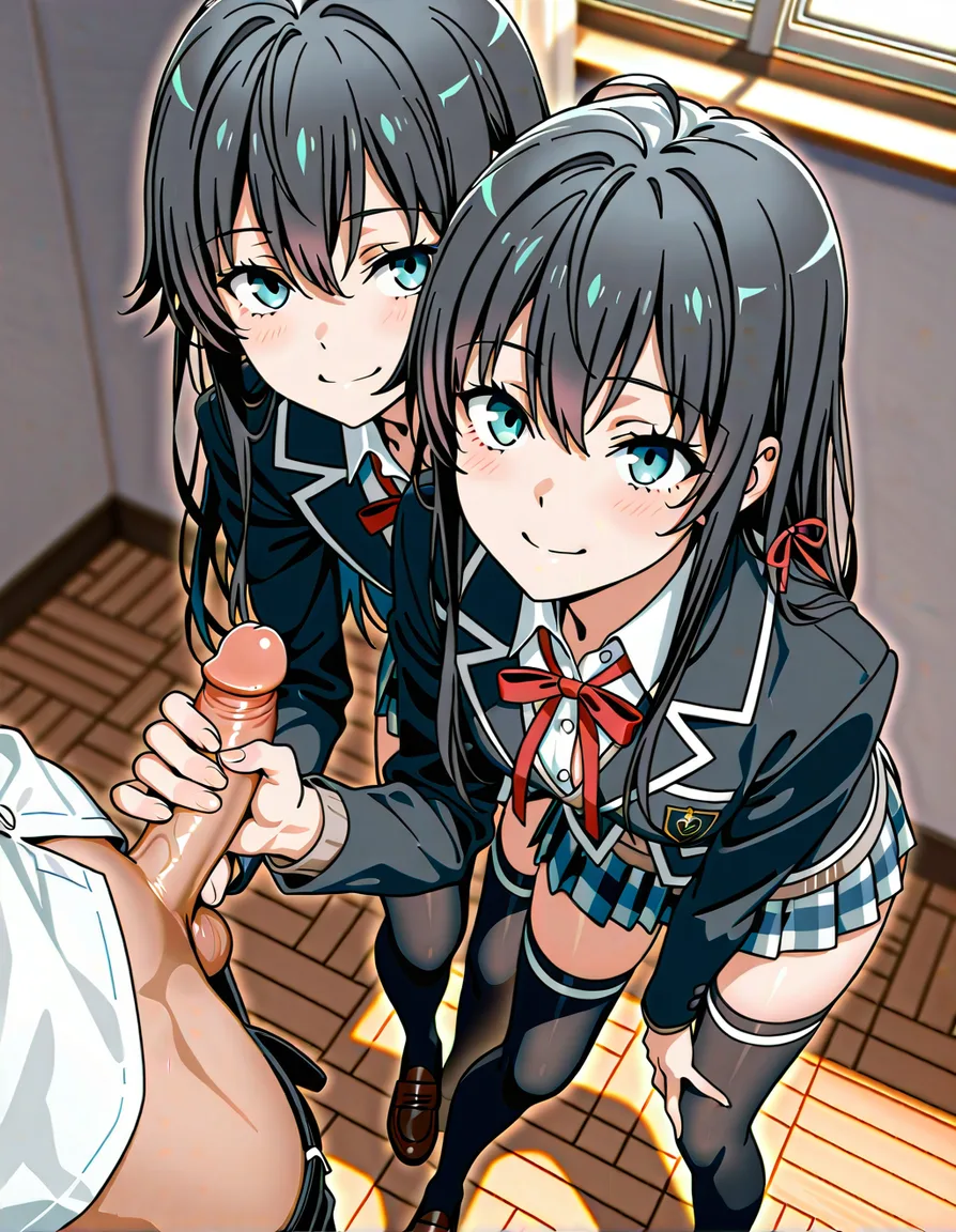 masterpiece, best_quality, Yukino_Yukinoshita, little_smile, weak_smile, kind_smile, long_hair, black_hair, blue_eyes, school_uniform, thighhighs, handjob, penis, slim, tiny, very_small_penis, small_penis,, hentai_studio_quality