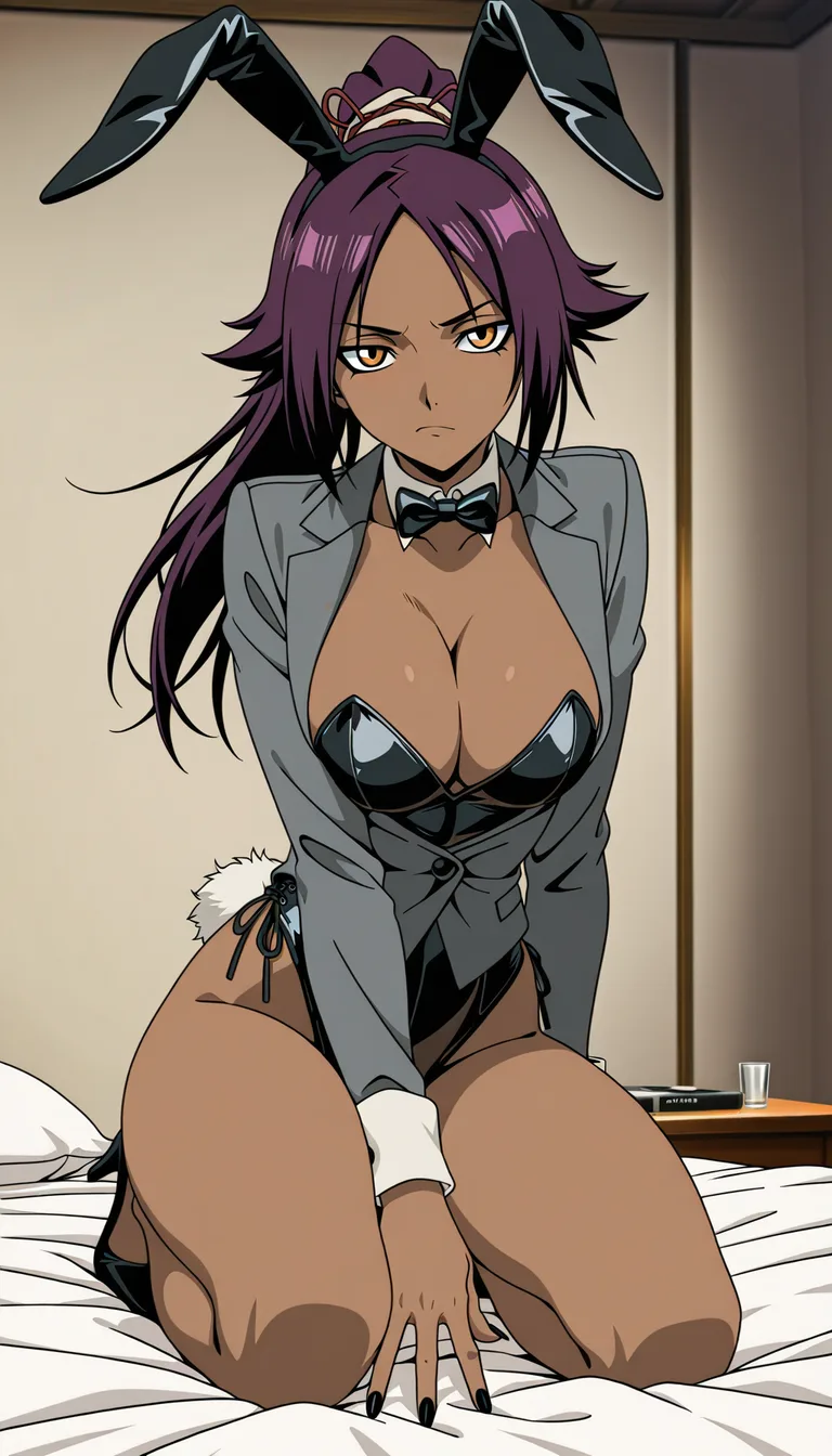 masterpiece, clean art, bunny girl, nail polish, jacket, kneeling on bed, visual novel art @shihouin_yoruichi , (anime style:1.3), 2d, anime screencap, cel shading, flat color, hentai_studio_quality
