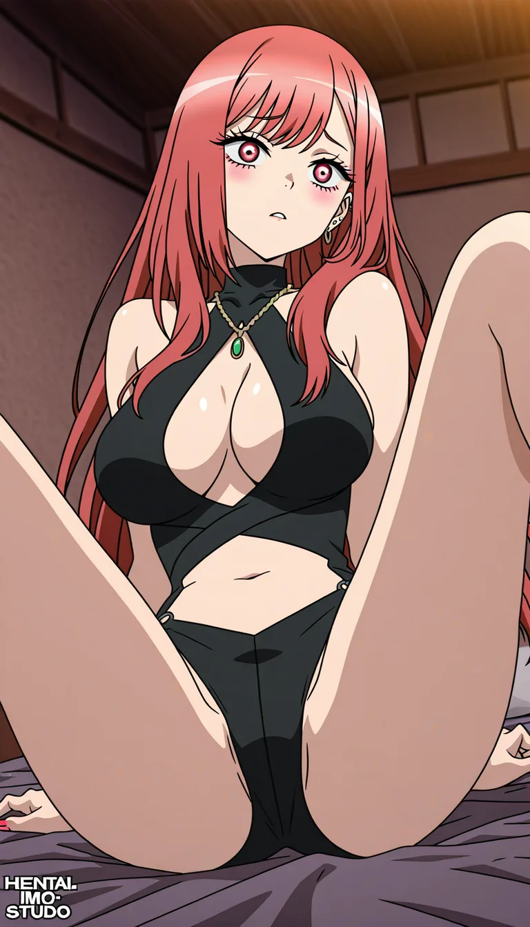 absurdres, highres, redhead woman, official alternate costume, spread legs, doujin style @kitagawa_marin, hentai_studio_quality, (anime style:1.3), 2d, anime screencap, cel shading, flat color, @00osamio00