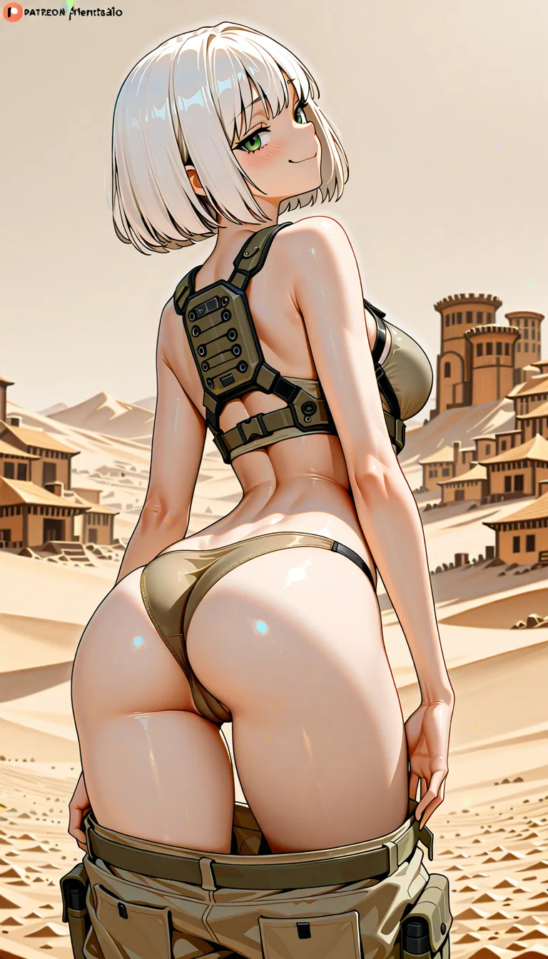 masterpiece, fine detail, Anime Female With Short bob cut White hair, white human skin, medium Breasts, Green Eyes, Cheeky Face, Taunting, hourglass body, Sand colour detailed closed combat gear outfit, no military set, no military, no military uniform, no helmet, Pants down,from behind , panties, cameltoe, no gloves, village surroundings background, desert biome, eroge aesthetics, · Form-fitting khaki desert future outfit. No hentai_studio_quality., hentai_studio_quality