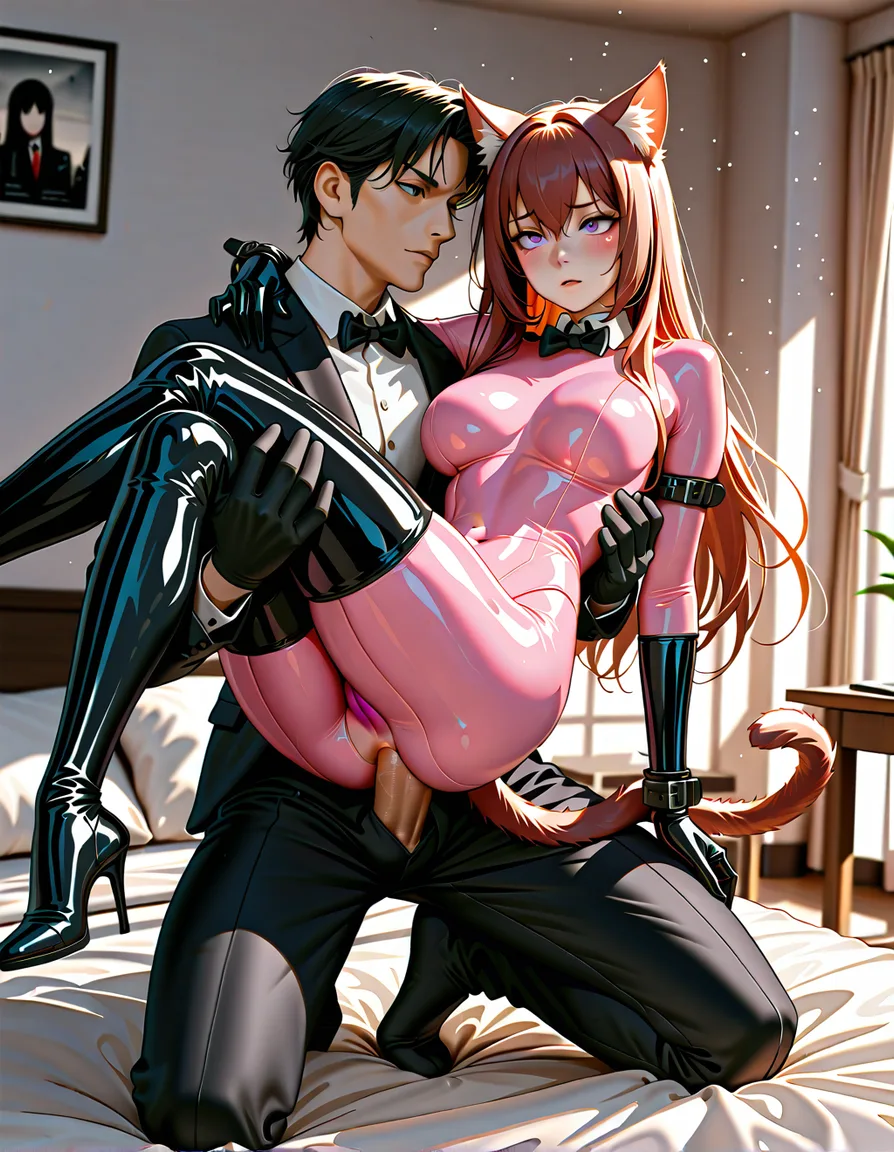 highly detailed, natural lighting, 1boy, covered navel, black gloves, crossed legs, RAW photo, ultra realistic, catgirl, black thighhighs, bowtie, kneeling on bed, table, 8k, sharp focus, pink_latex_suit, full_body, princess_carry, anal, @makise_kurisu, bondage, genderswap, hentai_studio_quality