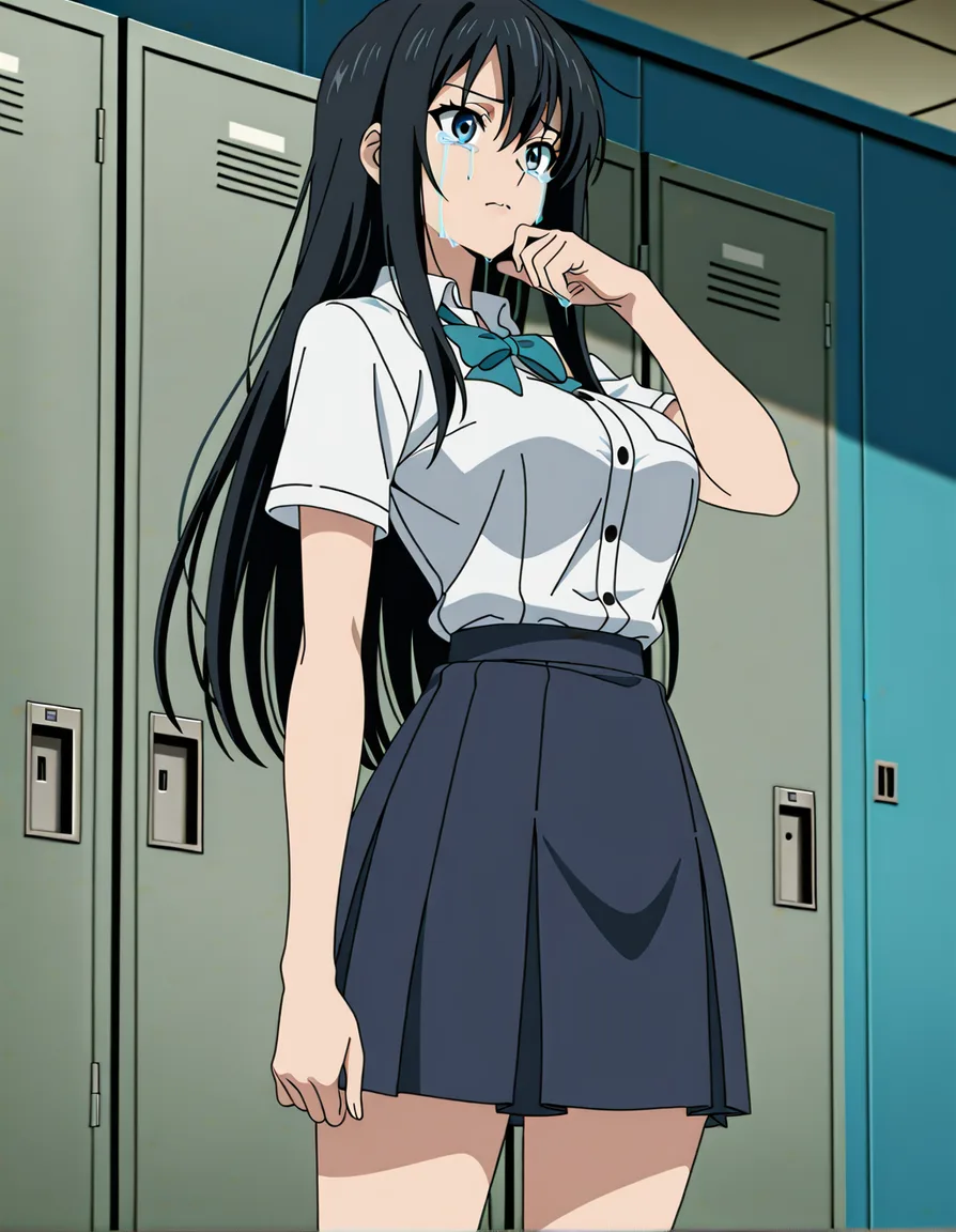 Create an anime-style image of a beautiful girl with a large bust, a slender waist, and a large bottom. She is wearing a tight school uniform with buttons that look like they are about to pop off, and a short skirt. She has long, straight black hair, blue eyes, and a tall stature. She is crying in front of a school locker. The background features school lockers., (anime style:1.3), 2d, anime screencap, cel shading, flat color
