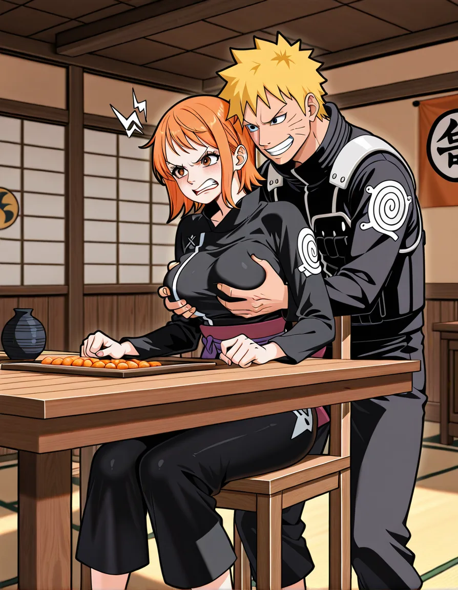 Naruto Uzumaki; standing behind another, smile, japanese_armor, @Nami (One Piece); short_hair, clothing, grabbing_another's_breast, angry, sitting on chair, table, room, hentai_studio_quality