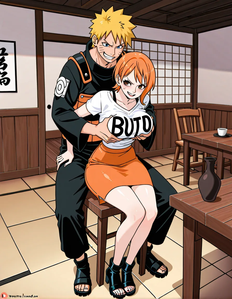 Naruto Uzumaki; standing behind another, smile, japanese_armor, @Nami (One Piece); short_hair, clothing, white_shirt, orange skirt, black shoes, grabbing_another's_breast, angry, sitting on chair, table, room, hentai_studio_quality
