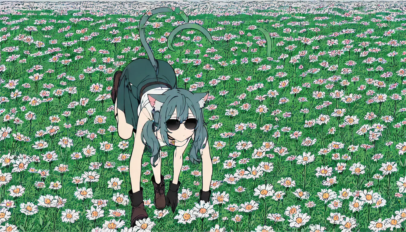 cinematic photo, 8k, catgirl, sunglasses, flower, walking toward camera, rimming, full body,
