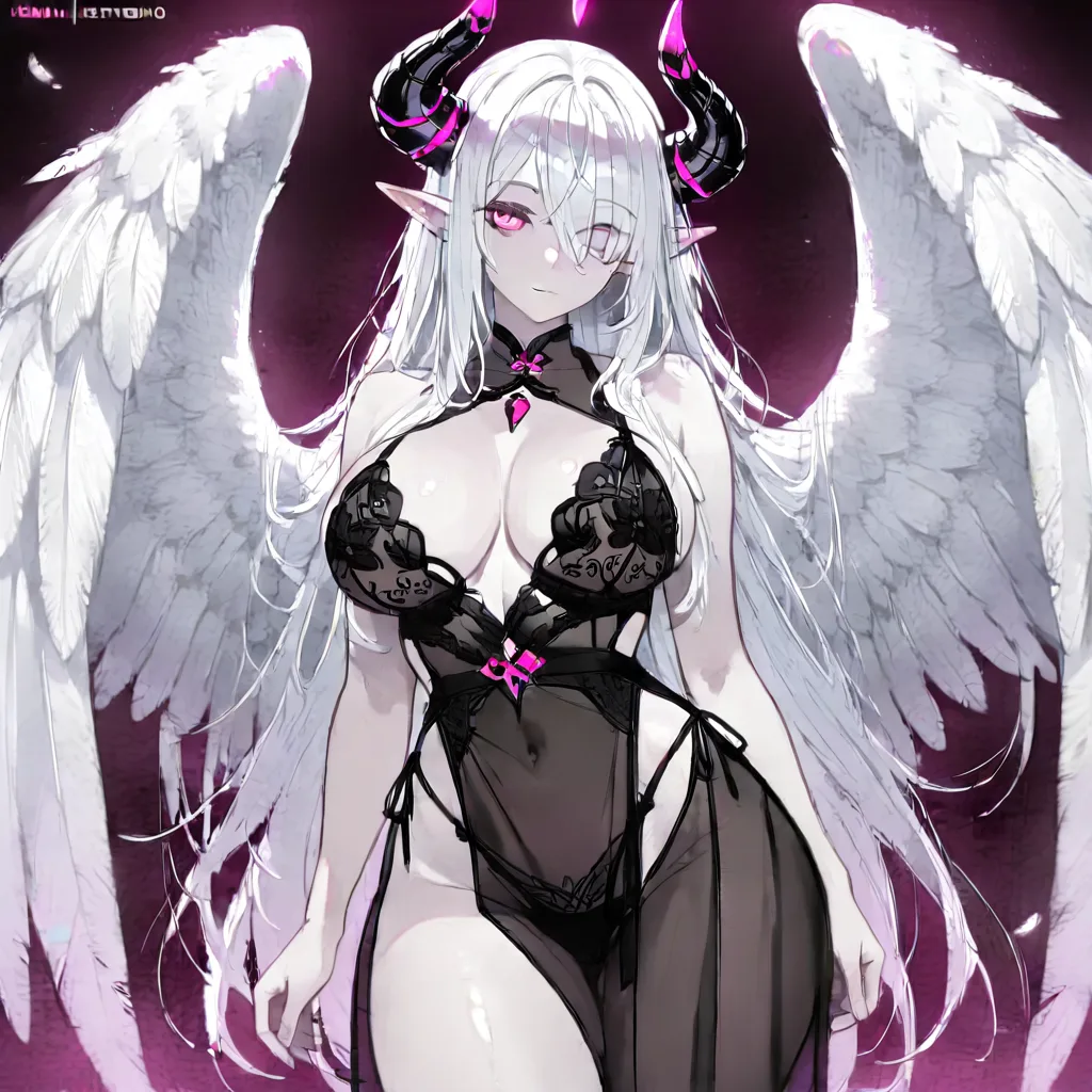 Anime Slaanesh big Breasts wide hips pale skin long white hair pointy elf ears pink eyes curved black horns white feathered wings pink and black lingerie