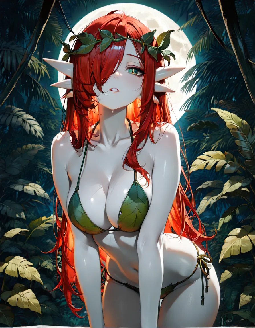 Anime poison ivy as gardevoir green eyes white skin red hair plant leaf bikini in a jungle at night low lighting full moon, hentai_studio_quality