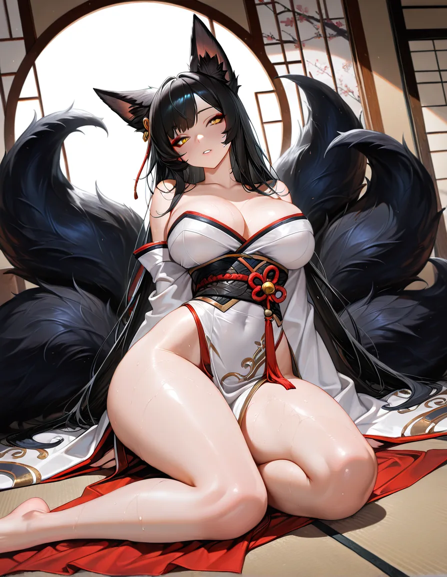 Anime league of legends ahri big breasts wide hips yellow eyes light skin black hair black fox ears nine white fox tails red and white kimono dress blow job, hentai_studio_quality