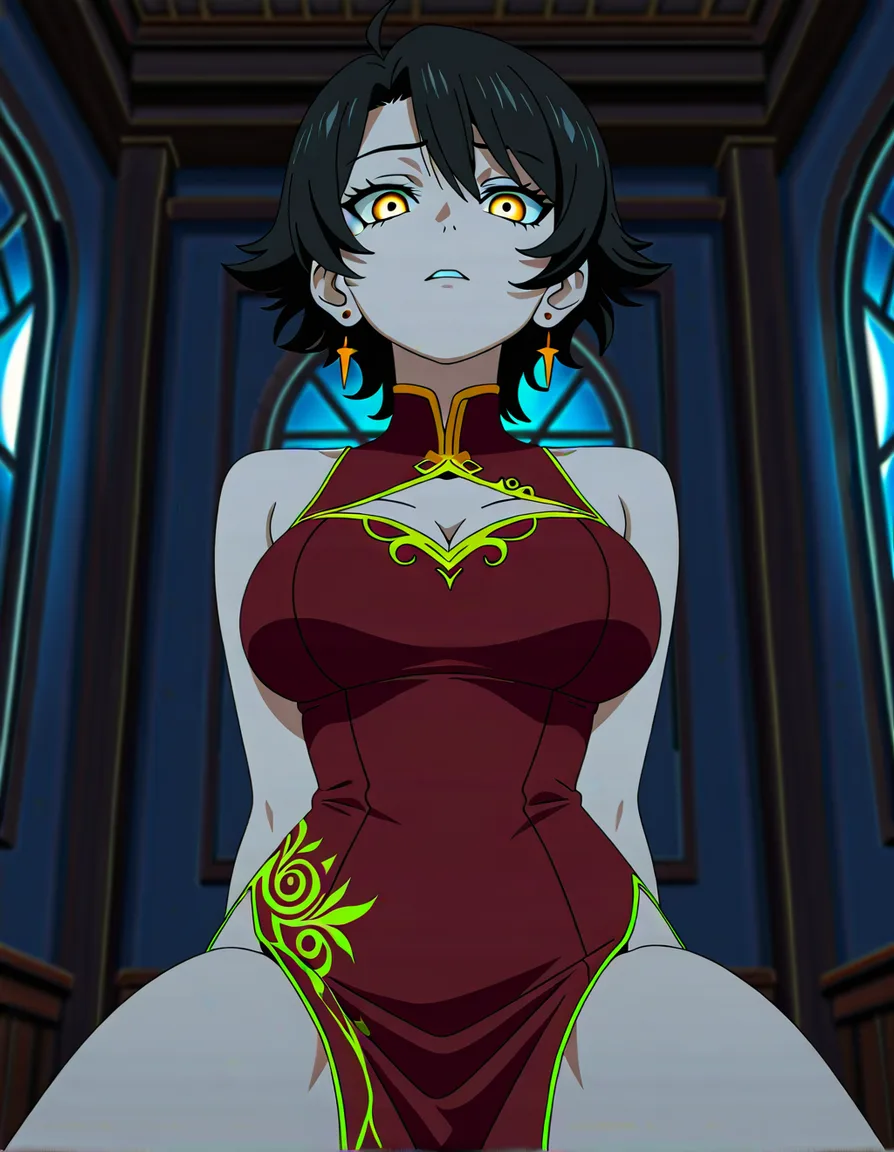 Anime rwby cinder fall big breasts wide hips yellow eyes light skin black hair red dress in a room at night low lighting full moon deep throat, hentai_studio_quality, (anime style:1.3), 2d, anime screencap, cel shading, flat color, (anime style:1.3), 2d, anime screencap, cel shading, flat color, @00osamio00