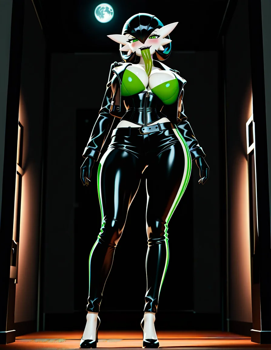 Anime gardevoir as serleena big breasts wide hips green eyes pale skin dark hair black leather jacket black corset black leather pants black heels in a room at night low lighting full moon with a long green striped tentacle tongue coming out of her mouth Seductive smile Blushing a little, hentai_studio_quality, score_9, score_8, 3d render, octane render, subsurface scattering, ray tracing, smooth shading, (anime style:1.3), 2d, anime screencap, cel shading, flat color, @00osamio00