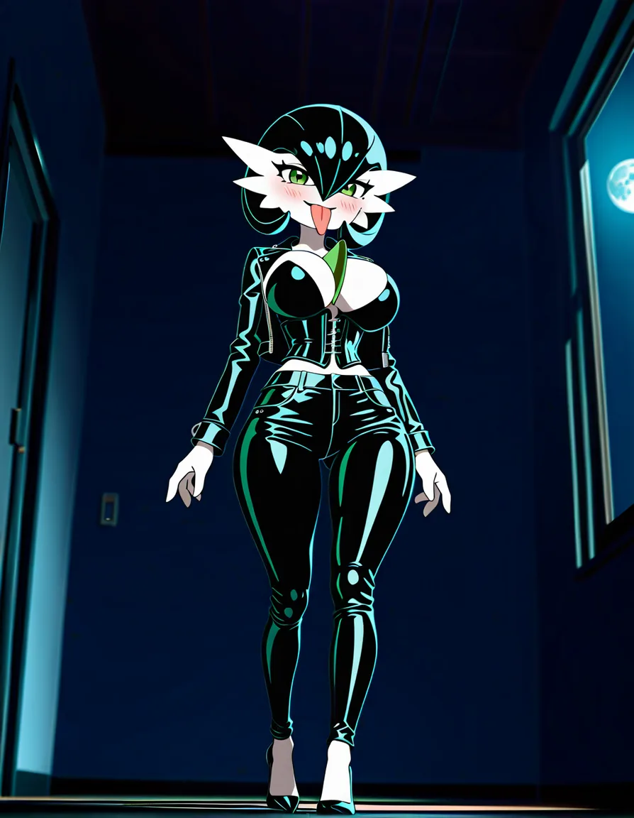Anime gardevoir as serleena big breasts wide hips green eyes pale skin dark hair black leather jacket black corset black leather pants black heels in a room at night low lighting full moon with a long green striped tentacle tongue coming out of her mouth Seductive smile Blushing a little, hentai_studio_quality, score_9, score_8, 3d render, octane render, subsurface scattering, ray tracing, smooth shading, (anime style:1.3), 2d, anime screencap, cel shading, flat color, @00osamio00, (anime style:1.3), 2d, anime screencap, cel shading, flat color