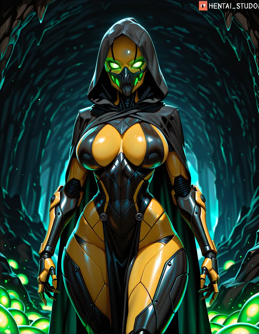 Anime mortal kombat d'vorah big breasts wide hips violet eyes yellow skin organic exoskeleton black hood and Cloak Insectoid in a cave full of green glowing eggs low lighting, hentai_studio_quality