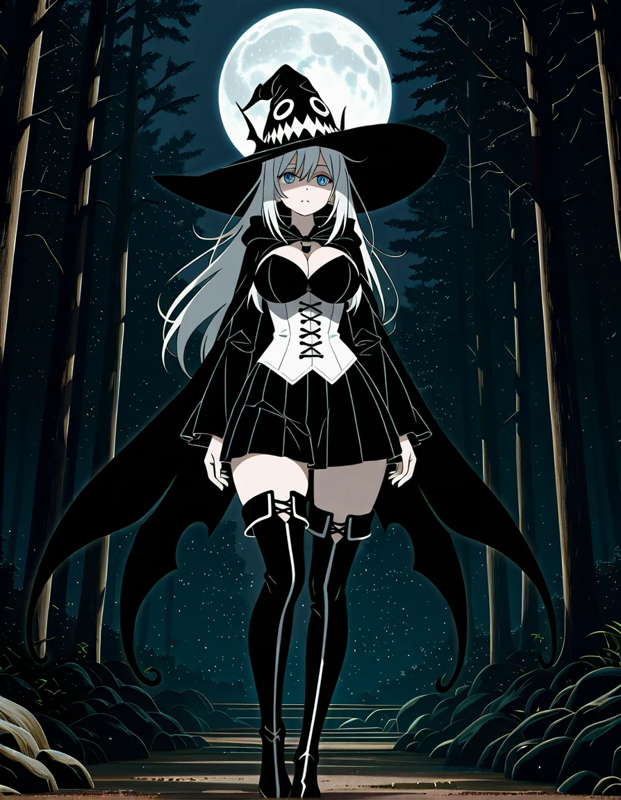 Anime fantasy moth witch big breasts wide hips light blue eyes pale skin black and white hair black and white corset black and white skirt black and white thigh high boots black and white witch hat black and white moth wings in a forest at night low lighting full moon, hentai_studio_quality, (anime style:1.3), 2d, anime screencap, cel shading, flat color, (anime style:1.3), 2d, anime screencap, cel shading, flat color, @00osamio00, score_9, score_8, 3d render, octane render, subsurface scattering, ray tracing, smooth shading