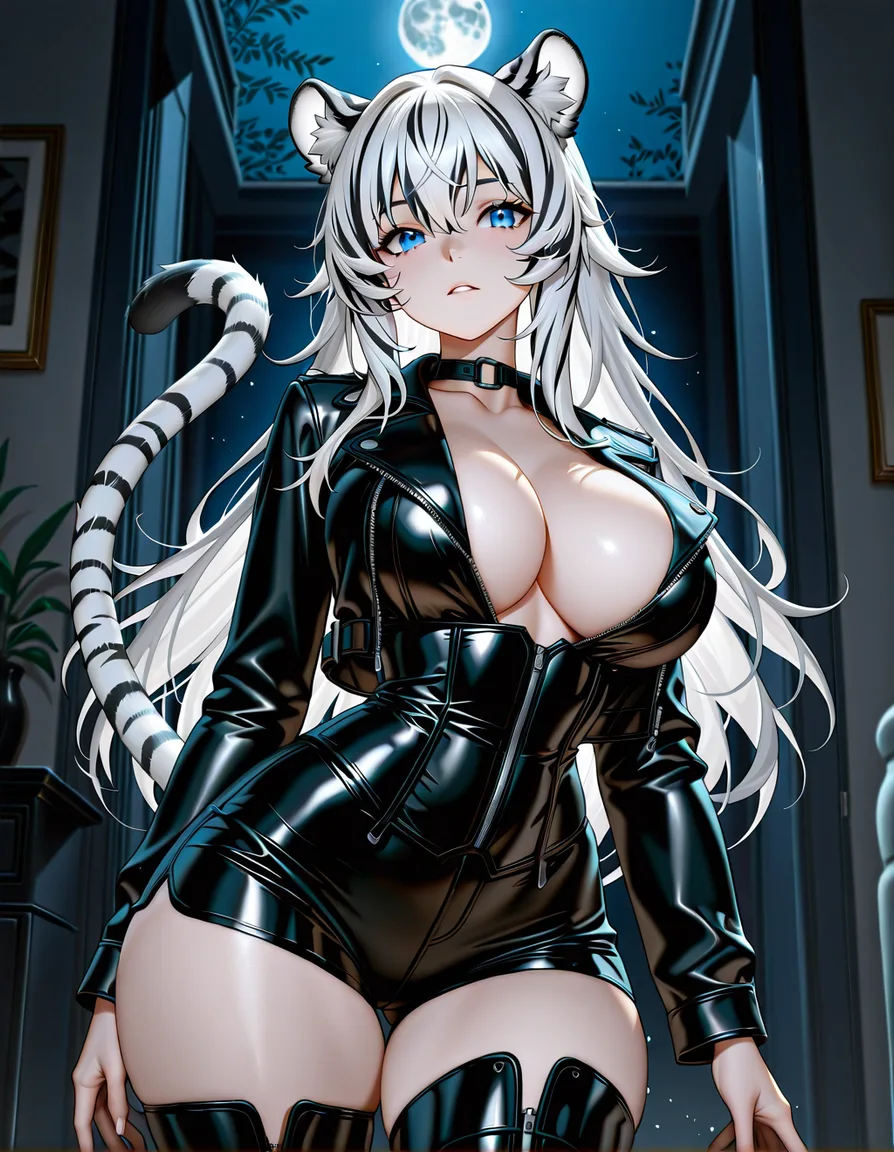 Anime white tiger girl big breasts wide hips blue eyes light skin white hair black strips cat ears cat tail black leather jacket black corset black booty shorts black boots in a room at night low lighting full moon, hentai_studio_quality