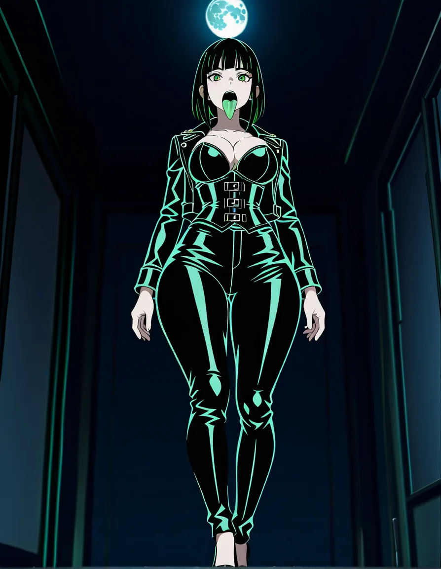 Anime serleena big breasts wide hips green eyes pale skin dark hair black leather jacket black corset black leather pants black heels in a room at night low lighting full moon with a long green striped tentacle tongue coming out of her mouth, hentai_studio_quality, (anime style:1.3), 2d, anime screencap, cel shading, flat color, (anime style:1.3), 2d, anime screencap, cel shading, flat color, @00osamio00, hentai_studio_quality, score_9, score_8, 3d render, octane render, subsurface scattering, ray tracing, smooth shading