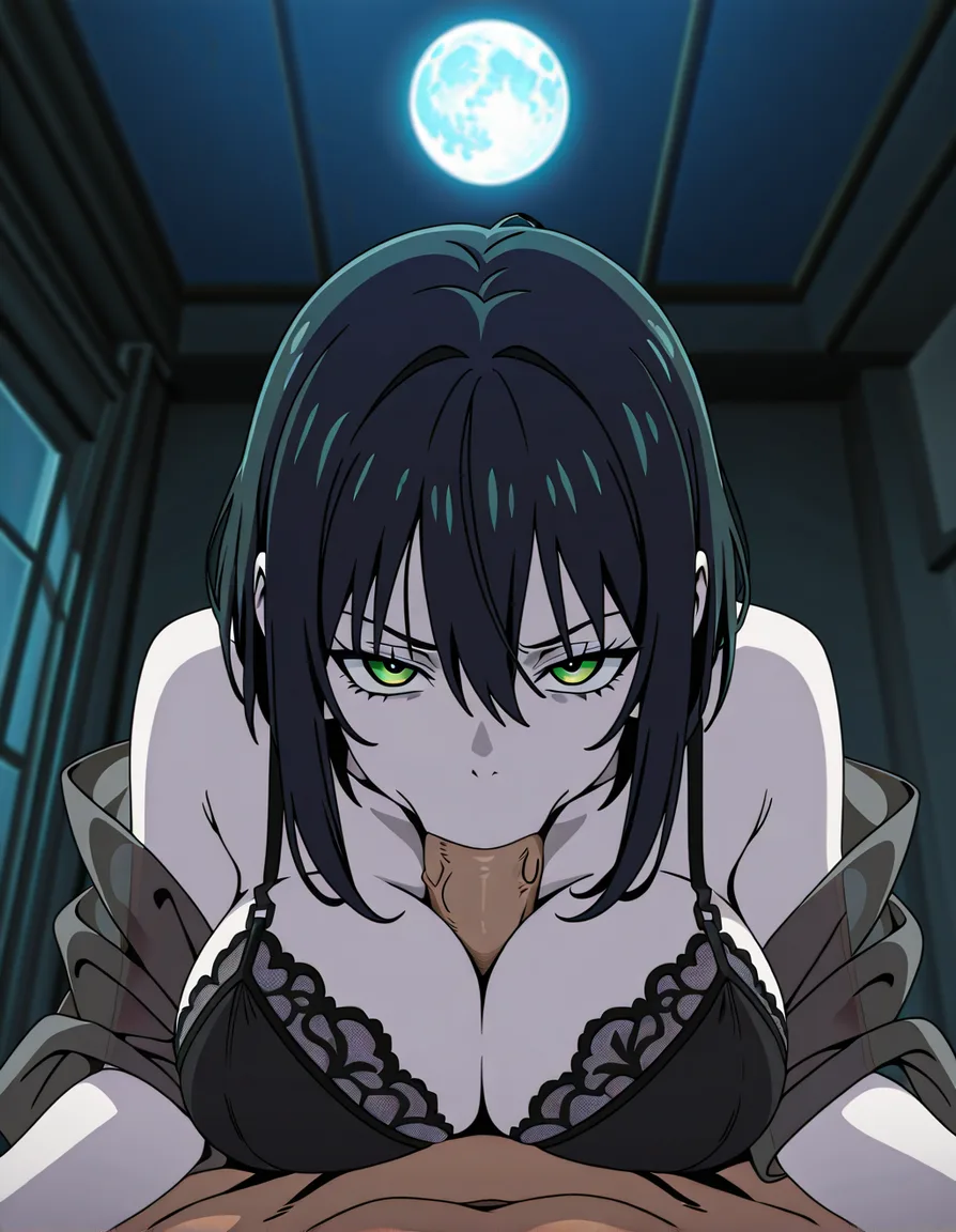 Anime serleena big breasts wide hips green eyes pale skin dark hair black lingerie See through gray shawl in a room at night low lighting full moon deep throat All the way to the base pov, hentai_studio_quality, (anime style:1.3), 2d, anime screencap, cel shading, flat color