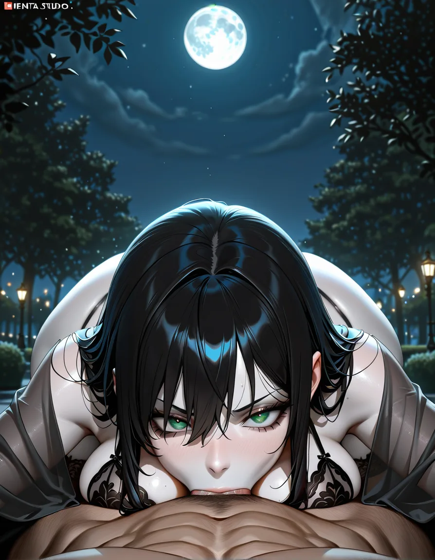 Anime men in black serleena big breasts wide hips green eyes pale skin dark hair black lingerie See through gray shawl in a park at night low lighting full moon deep throat pov, hentai_studio_quality