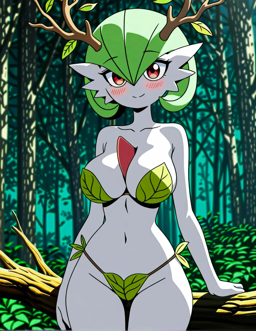 Anime gardevoir as a dryad big breasts wide hips red eyes white skin green hair Tree branch antlers plant leaf bikini flowers in her hair in a forest sun set low lighting soft smile Blushing a little, hentai_studio_quality, (anime style:1.3), 2d, anime screencap, cel shading, flat color, (anime style:1.3), 2d, anime screencap, cel shading, flat color, @00osamio00
