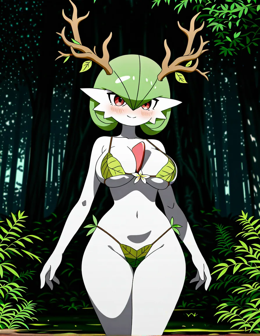 Anime gardevoir as a dryad big breasts wide hips red eyes white skin green hair Tree branch antlers plant leaf bikini flowers in her hair in a forest sun set low lighting soft smile Blushing a little, hentai_studio_quality, (anime style:1.3), 2d, anime screencap, cel shading, flat color, (anime style:1.3), 2d, anime screencap, cel shading, flat color, @00osamio00, score_9, score_8, 3d render, octane render, subsurface scattering, ray tracing, smooth shading