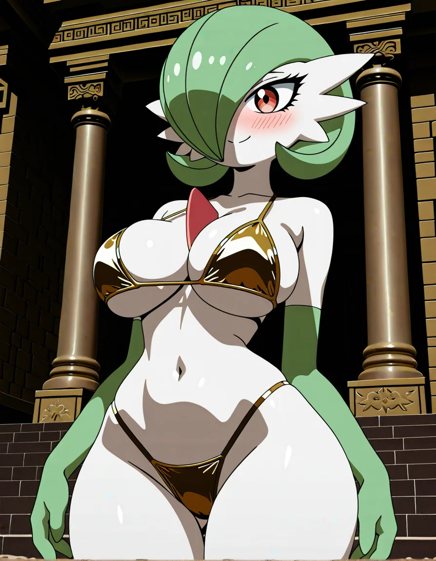 Anime gardevoir as a medusa gorgon big breasts wide hips red eyes white skin green hair green snake hair gold plated bikini in a Ancient temple At night low lighting soft smile Blushing a little, hentai_studio_quality, (anime style:1.3), 2d, anime screencap, cel shading, flat color, (anime style:1.3), 2d, anime screencap, cel shading, flat color, @00osamio00, score_9, score_8, 3d render, octane render, subsurface scattering, ray tracing, smooth shading