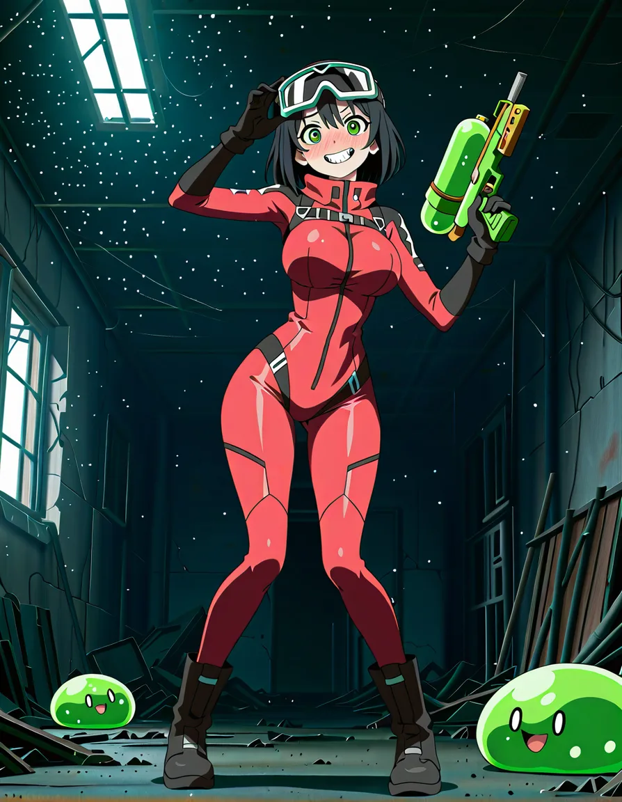 Anime girl big breasts wide hips green eyes light skin short black hair red body suit deep Cleave it black boots black gloves Ski goggles toxic slime gun in a Abandoned building room sexy pose crazy smile Blushing a little, hentai_studio_quality, (anime style:1.3), 2d, anime screencap, cel shading, flat color, (anime style:1.3), 2d, anime screencap, cel shading, flat color