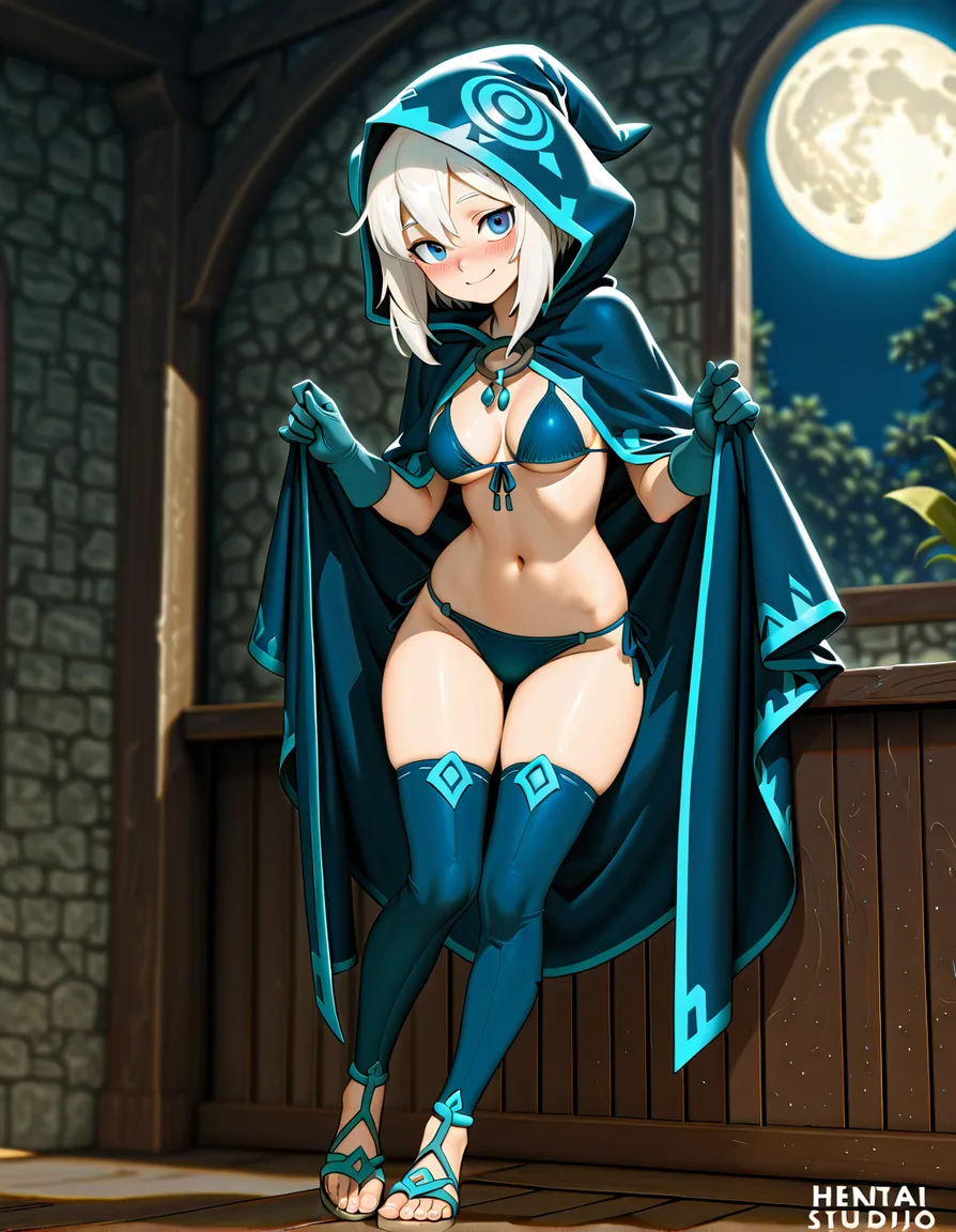 Anime wakfu dofus female sram blue eyes light skin white hair blue bikini   long blue thigh highs Sandals long blue gloves blue Hood and cloak in a room at night low lighting full moon soft smile Blushing a little, hentai_studio_quality